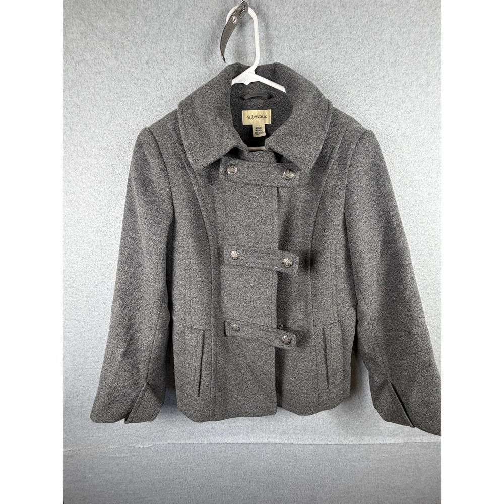 St Johns Bay Coat Womens Medium Gray Wool Cashmere Blend Pea Coat Button Strap‎